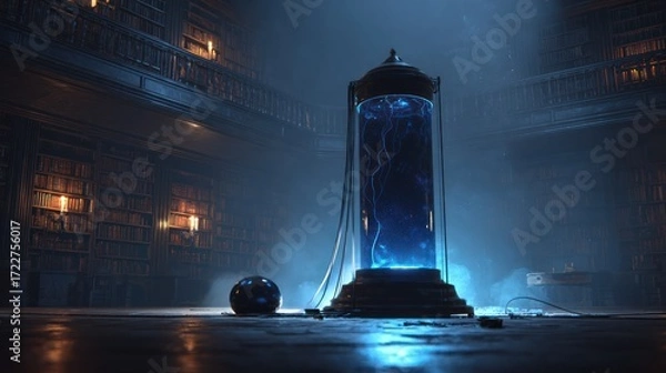 Fototapeta A tall glass cylinder containing a glowing blue substance sits in a dimly lit library, accompanied by a dark sphere on the floor. 