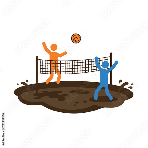 Fototapeta Stick figure individuals playing volleyball in a muddy puddle, perfect for sports, recreation, outdoor activities, fun, humor, and quirky concepts.