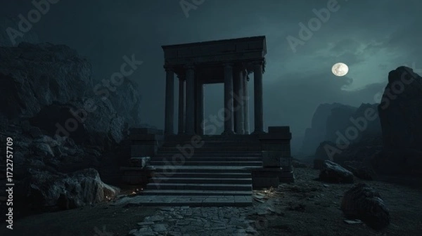 Fototapeta A stone temple is nestled amongst rugged terrain under a full moon