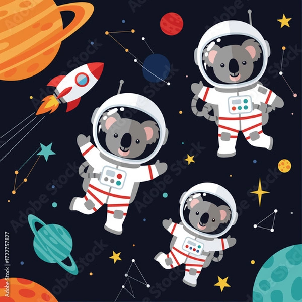 Fototapeta Three adorable koala astronauts float in space with colorful planets stars and a rocket