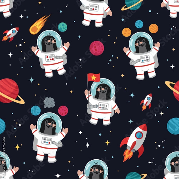 Fototapeta Playful seamless pattern cartoon astronaut moles rockets planets and stars in cosmic adventure