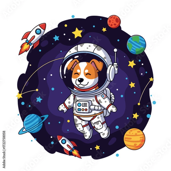 Fototapeta Cute astronaut dog floating in starry space with planets and rockets Fun adventure concept