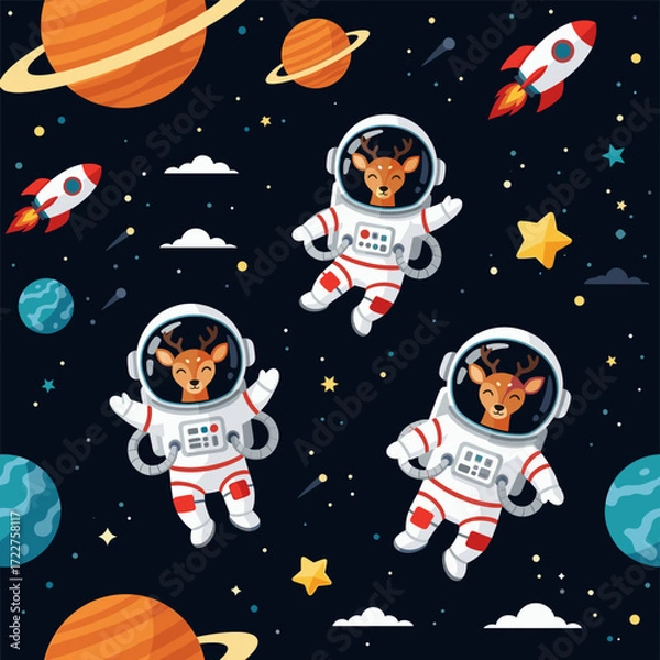 Fototapeta Cute deer astronauts explore outer space with planets and rockets Fun whimsical adventure