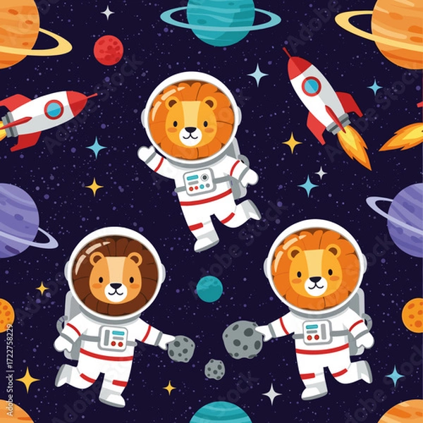 Fototapeta Cute cartoon lion astronauts exploring colorful planets and rockets in a whimsical space pattern