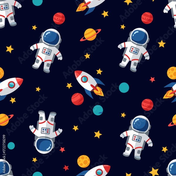 Fototapeta Astronauts rockets planets and stars in a fun seamless cosmic pattern