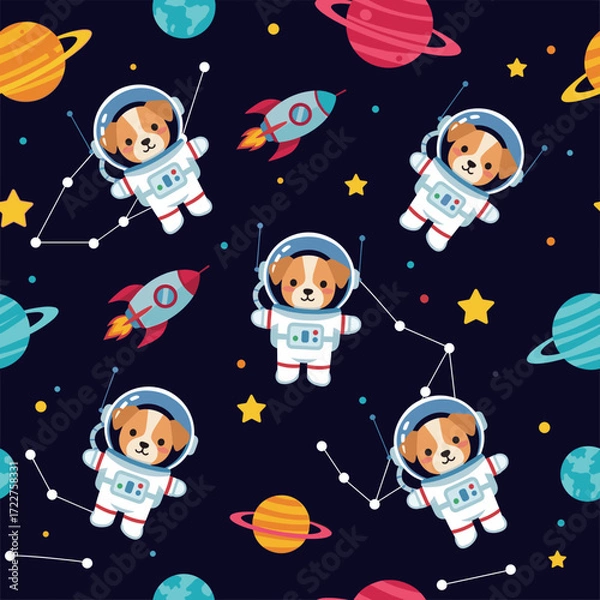 Fototapeta Cute astronaut dogs and rockets explore colorful outer space perfect for childrens designs