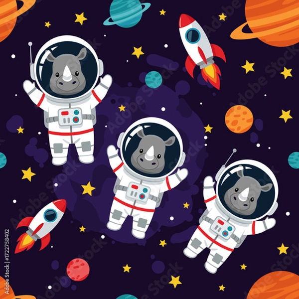 Fototapeta Cartoon rhino astronauts float among planets and rockets in space Whimsical adventure