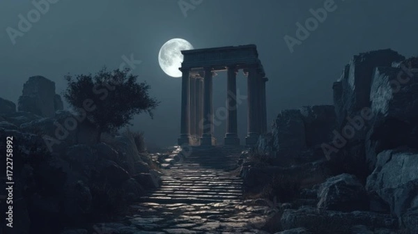 Fototapeta Ethereal night scene Ancient ruins bathed in moonlight. A path leads to a temple