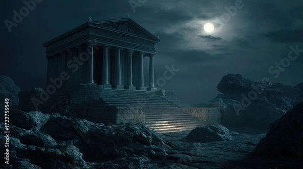 Fototapeta Ancient temple ruin atop rocky terrain illuminated by moonlight under a dark, cloudy sky