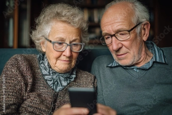 Fototapeta Senior couple learning smartphone technology together with concentrated expressions as one teaches the other perfect for digital education and elderly learning concepts.