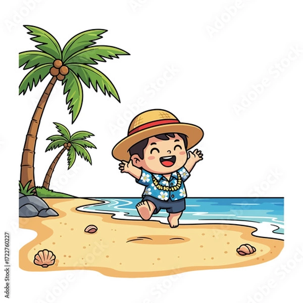 Fototapeta tropical beach joy a childs ecstatic island dance, isolated on transparent background