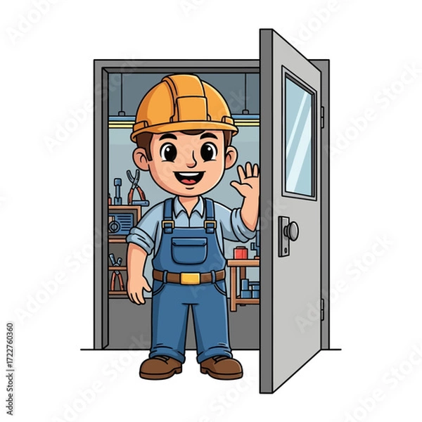 Fototapeta welcoming you a cheerful handyman in his workshop, isolated on transparent background
