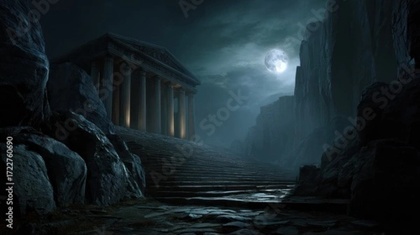 Fototapeta A moonlit classical temple, reached by stone steps, nestled between dark rock formations