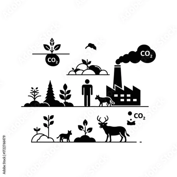 Fototapeta A visual representation of the impact of industrial carbon dioxide emissions on natural ecosystems and wildlife, contrasting with the growth of plants and the presence of animals.