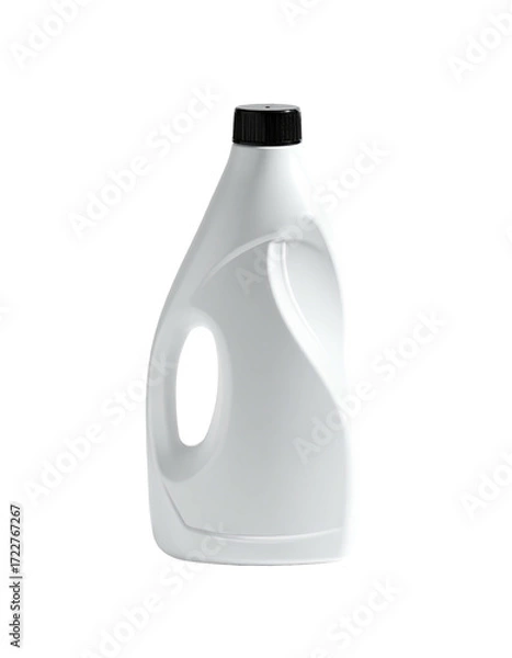 Obraz White plastic detergent bottle with a black cap.  Rounded,  ergonomic shape with a handle.  Empty container