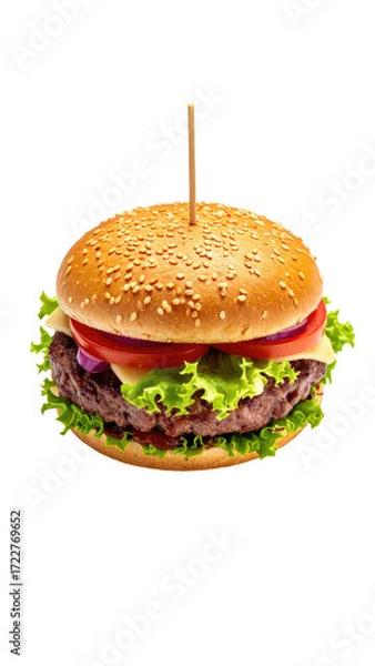 Obraz Classic cheeseburger on a wooden skewer