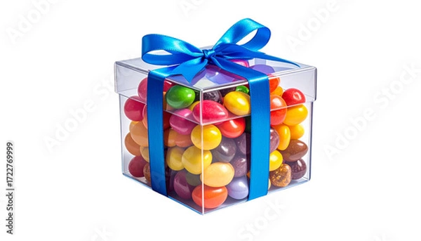 Fototapeta Transparent gift box filled with colorful candies and blue ribbon