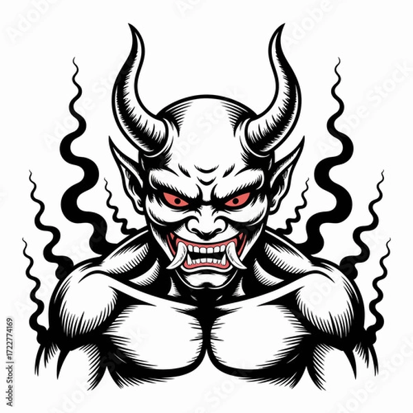Fototapeta Menacing Demon Vector Illustration with Red Eyes and Horns | Dark Fantasy Demon Drawing with Smoke | Stylized Evil Creature Artwork for Stock Graphics