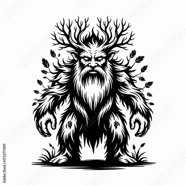 Fototapeta Monochrome Vector Illustration of Stylized Forest Spirit with Antlers | Mythical Woodland Creature Drawing for Stock Graphics | Forest Guardian Icon Artwork