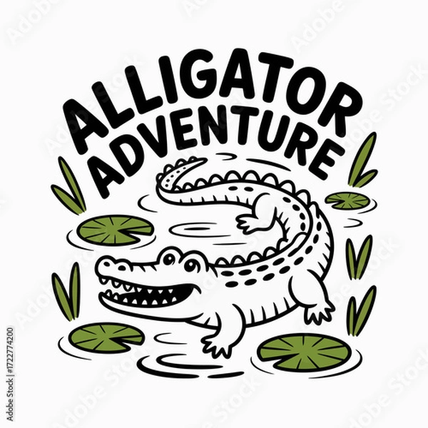 Fototapeta Cartoon Alligator Vector Illustration in Swamp “Alligator Adventure” | Cute Alligator Drawing with Lily Pads and Grass | Stylized Swamp Alligator Artwork for Stock Graphics