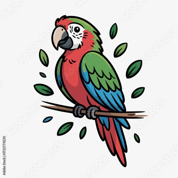 Fototapeta Colorful Cartoon Parrot Vector Illustration on a Branch | Stylized Parrot Drawing for Decorative Graphics | Tropical Parrot Artwork for Stock Design