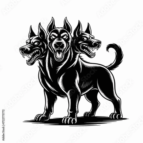 Fototapeta Black and White Illustration of Cerberus, the Three-Headed Dog | Stylized Greek Mythology Cerberus Drawing | Fierce Three-Headed Cerberus Vector Artwork