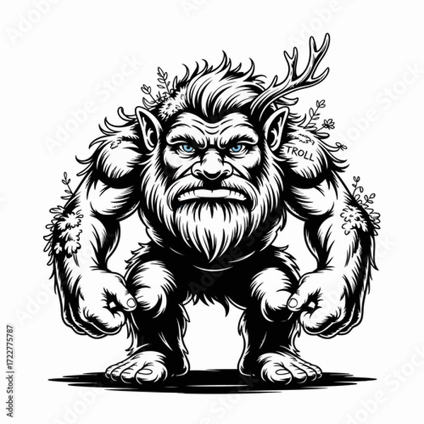 Fototapeta Stylized Troll Vector Illustration Squatting with Clenched Fists | Cartoon Troll Drawing with Text “TROLL” | Whimsical Troll Character Illustration for Stock Graphics