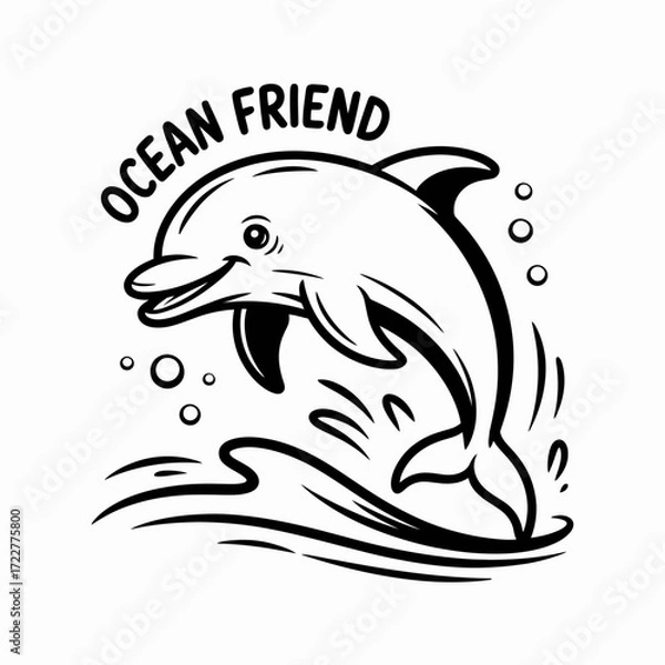 Fototapeta Black and White Vector Illustration of Smiling Dolphin Leaping from Water | Stylized Dolphin Drawing with Text “OCEAN FRIEND” | Cute Ocean Dolphin Vector Artwork for Stock Graphics