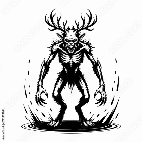 Fototapeta Black and White Vector Illustration of Creepy Wendigo Monster | Stylized Horror Creature Standing on Summoning Circle | Scary Fantasy Beast Drawing with Sharp Lines