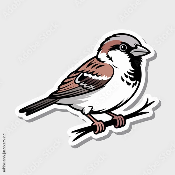 Fototapeta Sticker Illustration of Sparrow Perched on Twig | Cute Brown and White Sparrow Vector Artwork | Stylized Sparrow Bird Drawing for Stock Graphics