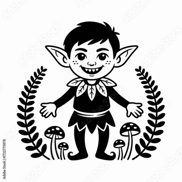 Fototapeta Cartoon Vector Illustration of Grinning Elf with Pointy Ears | Whimsical Black and White Elf Drawing with Mushrooms and Foliage | Stylized Elf Character Illustration for Creative Projects
