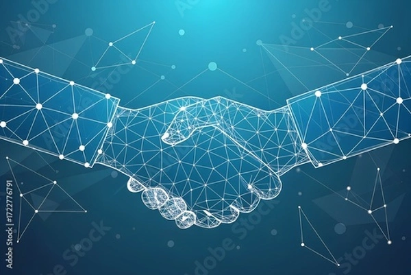 Fototapeta Digital handshake connects global network futuristic technology partnership blue glow