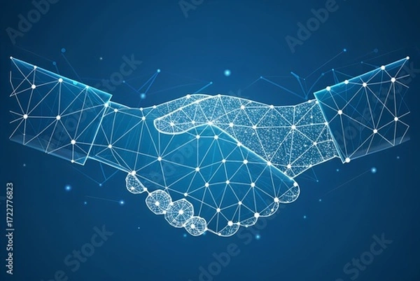 Fototapeta Digital handshake connects global network futuristic technology partnership blue glow