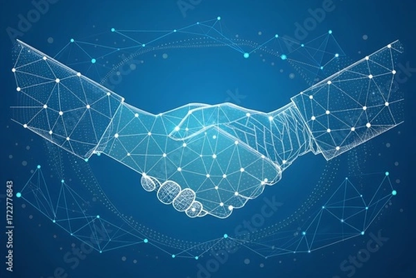 Fototapeta Digital handshake connects global network futuristic technology partnership blue glow