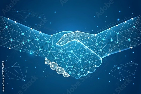 Fototapeta Digital handshake connects global network futuristic technology partnership blue glow