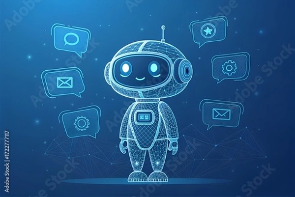 Fototapeta Holographic ai robot or chatbot with speech bubble technology concept digital art