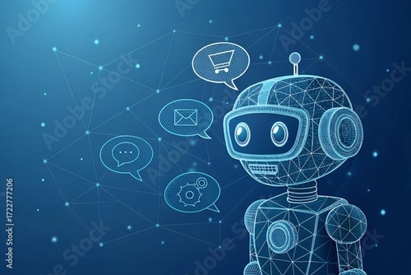 Fototapeta Holographic ai robot or chatbot with speech bubble technology concept digital art