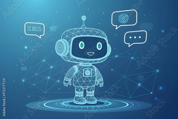Fototapeta Holographic ai robot or chatbot with speech bubble technology concept digital art