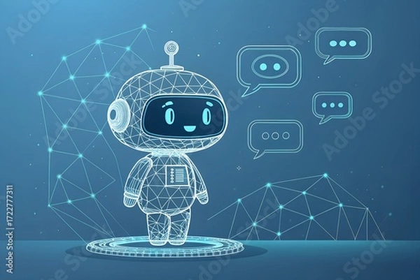 Fototapeta Holographic ai robot or chatbot with speech bubble technology concept digital art