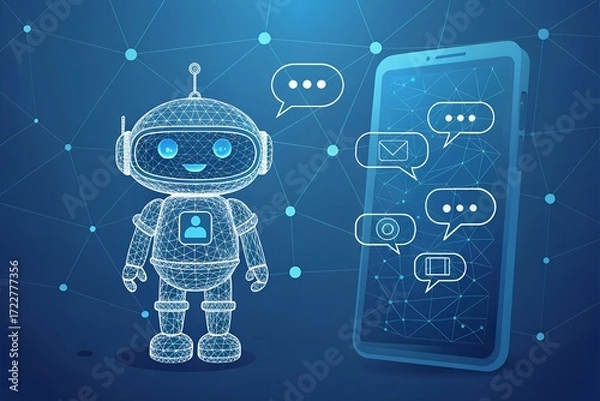 Fototapeta Holographic ai robot or chatbot with speech bubble technology concept digital art