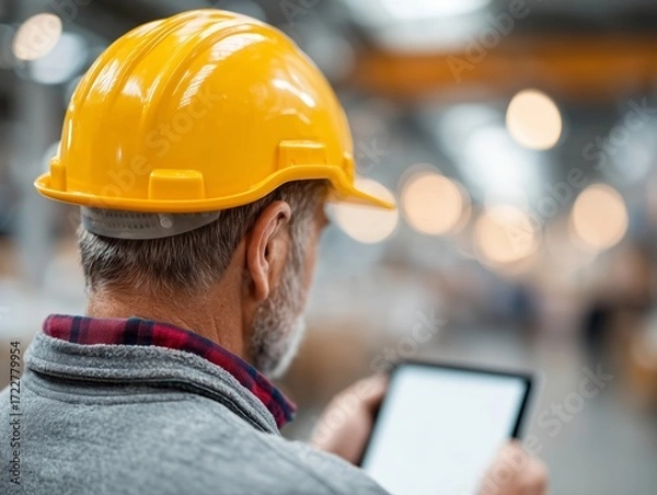 Fototapeta A man wearing a yellow hard hat looking at a tablet computer