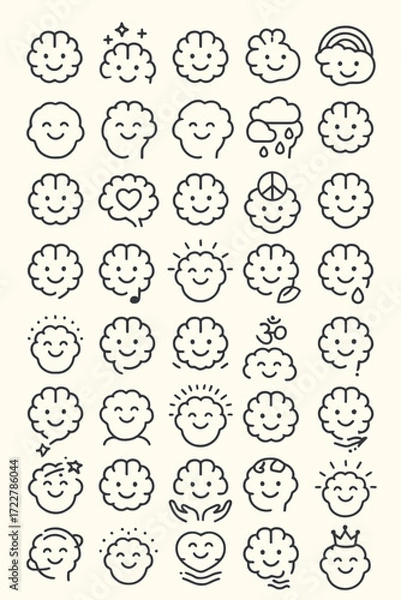 Fototapeta Collection of simple line art brain icons depicting various mental states, thoughts, emotions, and concepts related to intellect, creativity, and well-being