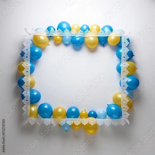 Fototapeta Fun and Vibrant Blue and Yellow Balloon Frame with Lace for a Party Backdrop