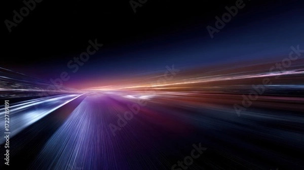 Fototapeta Abstract depiction of a highway at night, showcasing vibrant streaks of light suggesting high speed, a horizon with a warm glow, and dark surroundings creating a sense of movement and journey
