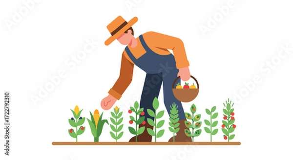 Fototapeta Farmer tending to crops: A minimalist illustration of sustainable agriculture practices on a sunny day, showcasing a commitment to growth and