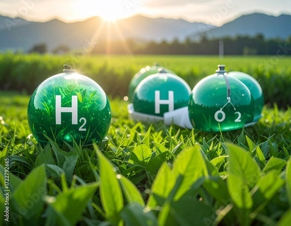 Fototapeta Green Hydrogen H2 gas molecule. Production of green hydrogen energy powered by renewable electricity