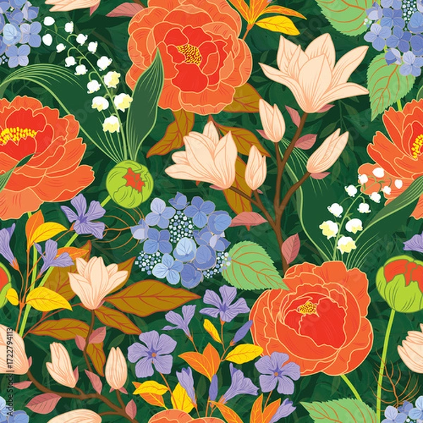 Fototapeta Raster illustration. A lush floral pattern with overgrown foliage featuring earth color palette peonies, hydrangeas, magnolias, lily of the valley and periwinkle blooms on a rich green leafy backdrop.
