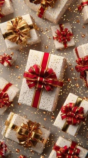 Fototapeta Image of several gift boxes with white paper and gold and red bows, glitter around the boxes and a white background.