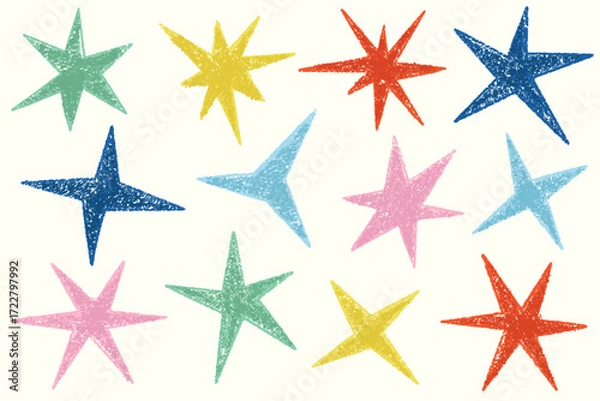 Obraz Stars with crayon texture. Chalk and pastel pencil vector hand-drawing shapes. Sketch elements for collage like kids drawings. Doodle cute twinkles
