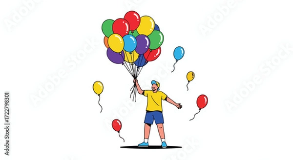 Fototapeta Boy holding aloft a colorful bunch of party balloons, joyous celebration illustration with floating balloon decorations and an uplifting festive
